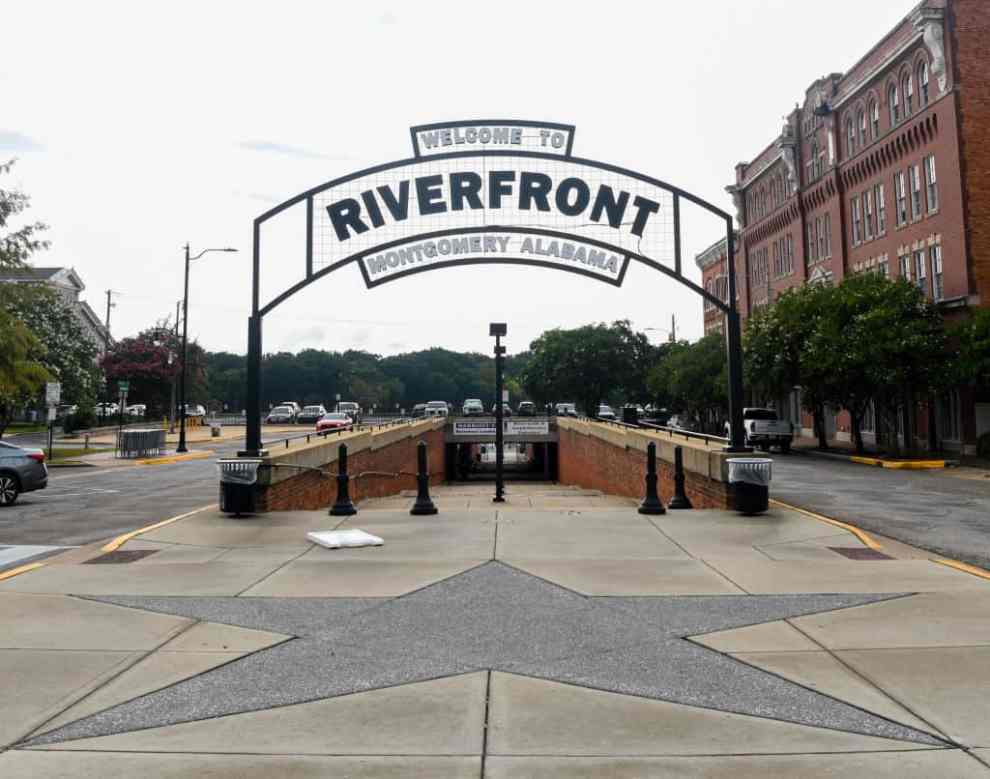 MONTGOMERY, ALABAMA - AUGUST 8: The entrance to the Alabama riverfront in downtown Montgomery, Alabama, where the riverboat The Harriott remains docked on August 8, 2023. Three people have now been charged in the large fight on floating dock Saturday that was captured on video by numerous spectators.