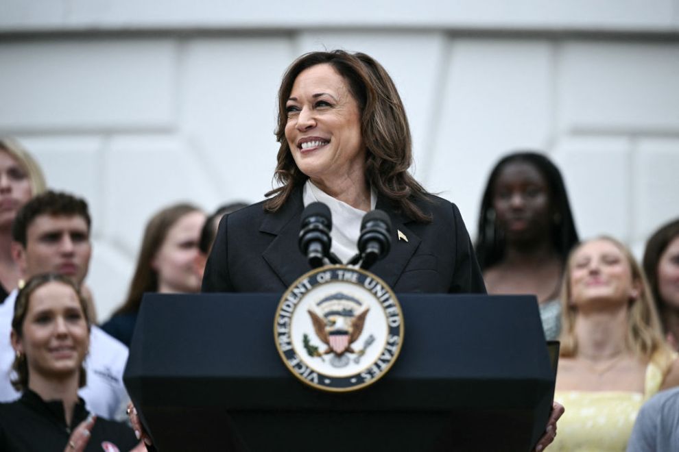 US Vice President Kamala Harris speaks during an event honoring National Collegiate Athletic Association (NCAA) championship teams from the 2023-2024 season, on the South Lawn of the White House in Washington, DC on July 22, 2024. Joe Biden on July 21, 2024 dropped out of the US presidential election and endorsed Vice President Kamala Harris as the Democratic Party's new nominee, in a stunning move that upends an already extraordinary 2024 race for the White House. Biden, 81, said he was acting in the "best interest of my party and the country" by bowing to weeks of pressure after a disastrous June debate against Donald Trump stoked worries about his age and mental fitness.