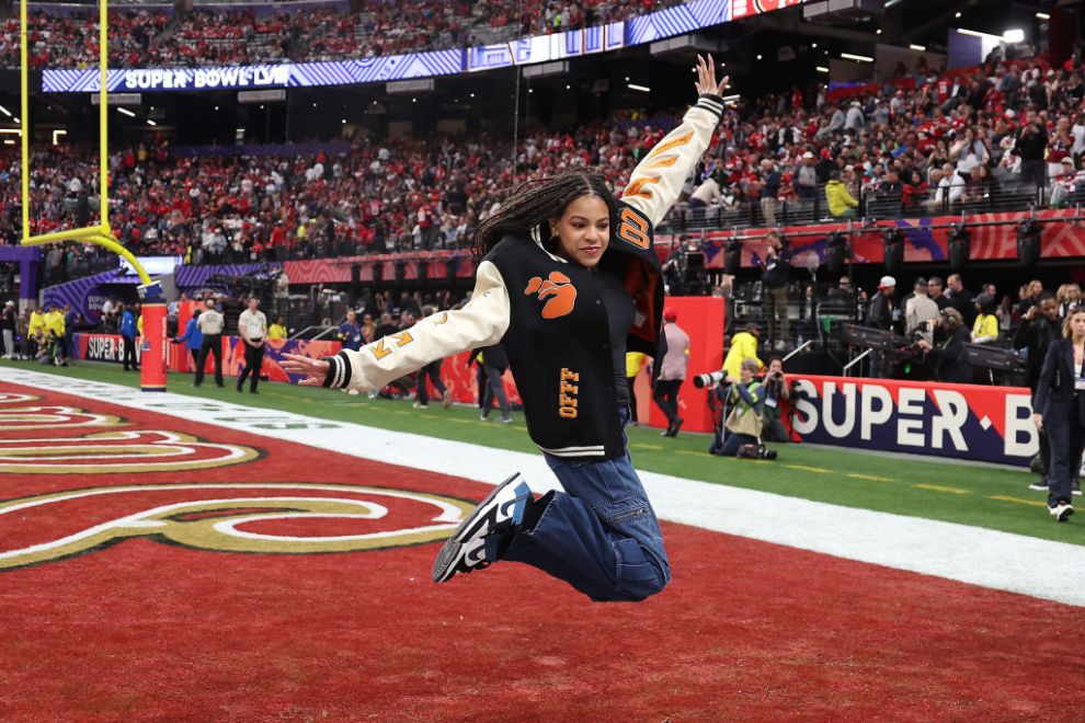 LAS VEGAS, NEVADA - FEBRUARY 11: American Rapper Jay-Z's daughter, Blue Ivey Carter, reacts before Super Bowl LVIII between the San Francisco 49ers and Kansas City Chiefs at Allegiant Stadium on February 11, 2024 in Las Vegas, Nevada.