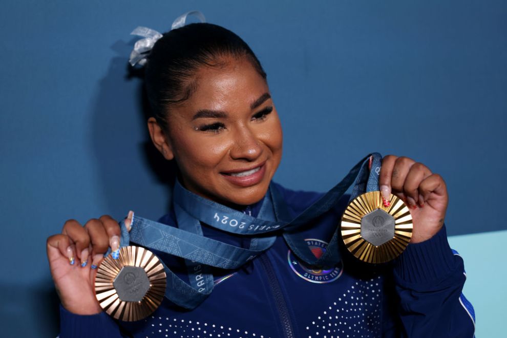 PARIS, FRANCE - AUGUST 05: Jordan Chiles of Team United States poses with her Paris 2024 Olympic medals following the Artistic Gymnastics Women's Floor Exercise Final on day ten of the Olympic Games Paris 2024 at Bercy Arena on August 05, 2024 in Paris, France.