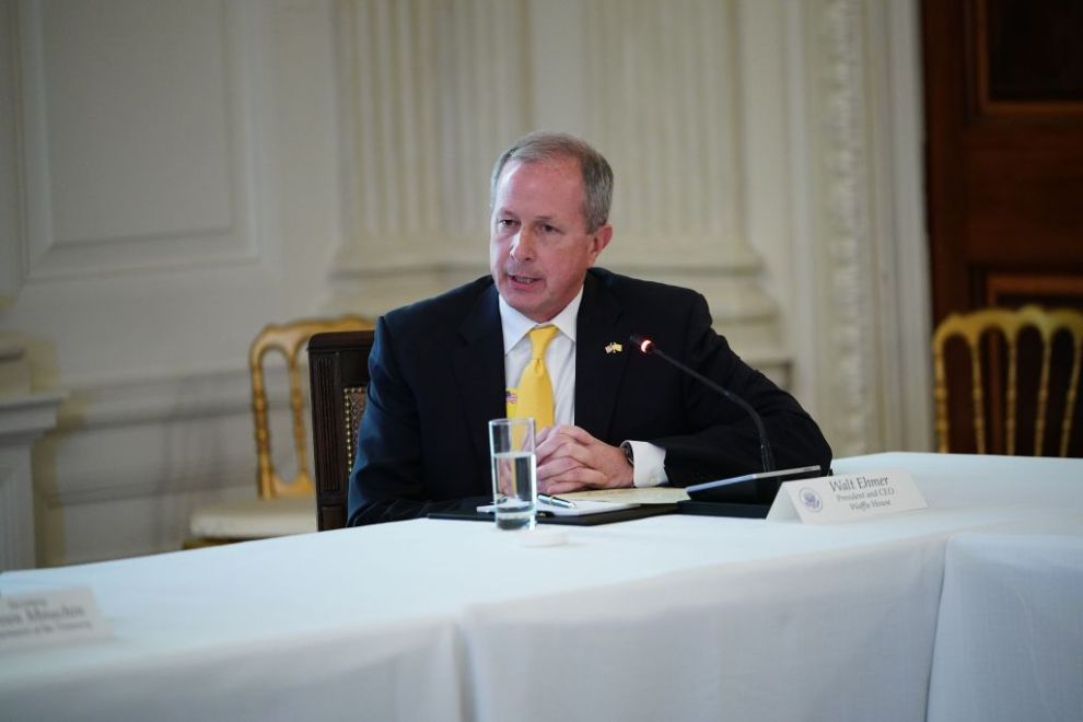 Walt Ehmer, President and CEO of Waffle House takes part in a roundtable discussion with US President Donald Trump and other industry executives on Opening Up America Again in the State Dining Room of the White House in Washington, DC on April 29, 2020.