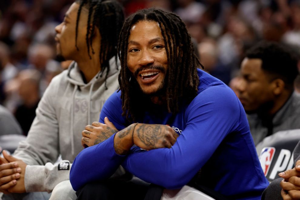 CLEVELAND, OH - APRIL 26: Derrick Rose #4 of the New York Knicks sits on the bench during Game Five of the Eastern Conference First Round Playoffs against the Cleveland Cavaliers at Rocket Mortgage Fieldhouse on April 26, 2023 in Cleveland, Ohio. NOTE TO USER: User expressly acknowledges and agrees that, by downloading and or using this photograph, User is consenting to the terms and conditions of the Getty Images License Agreement.