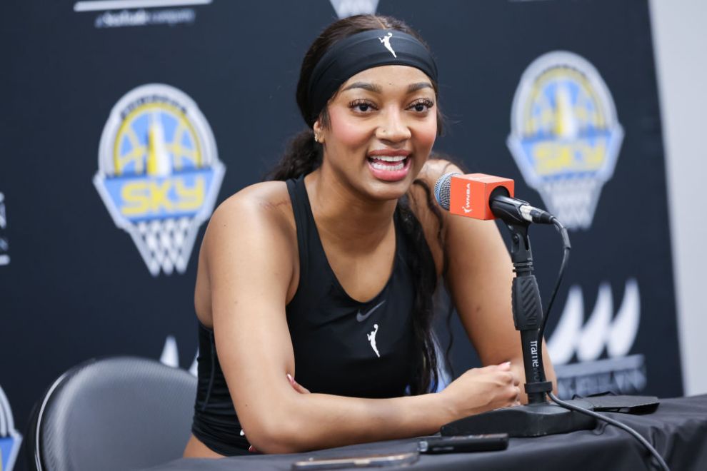 CHICAGO, ILLINOIS - AUGUST 30: Angel Reese #5 of the Chicago Sky talks to the media before the game against the Indiana Fever at Wintrust Arena on August 30, 2024 in Chicago, Illinois. NOTE TO USER: User expressly acknowledges and agrees that, by downloading and or using this photograph, User is consenting to the terms and conditions of the Getty Images License Agreement.