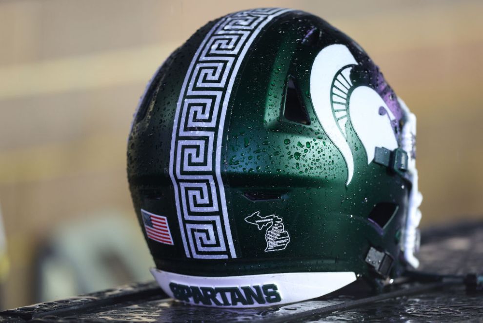 CHESTNUT HILL, MA - SEPTEMBER 21: Genera view of a Michigan State Spartans helmet during the college football game against Boston College Eagles on September 21, 2024, at Alumni Stadium in Chestnut Hill, MA.