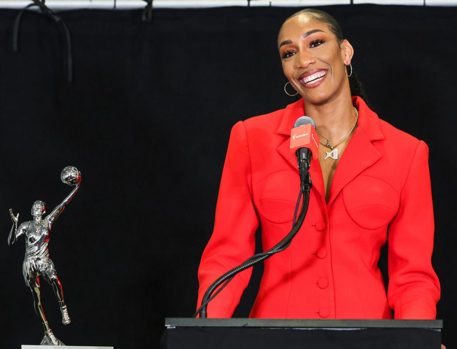 LAS VEGAS, NEVADA - SEPTEMBER 22: A'ja Wilson #22 of the Las Vegas Aces speaks during a news conference after receiving the 2024 WNBA MVP award before Game One of the 2024 WNBA Playoffs first round between the Aces and the Seattle Storm at Michelob ULTRA Arena on September 22, 2024 in Las Vegas, Nevada. Wilson was the unanimous winner of the award, which she also won in 2020 and 2022. NOTE TO USER: User expressly acknowledges and agrees that, by downloading and or using this photograph, User is consenting to the terms and conditions of the Getty Images License Agreement.