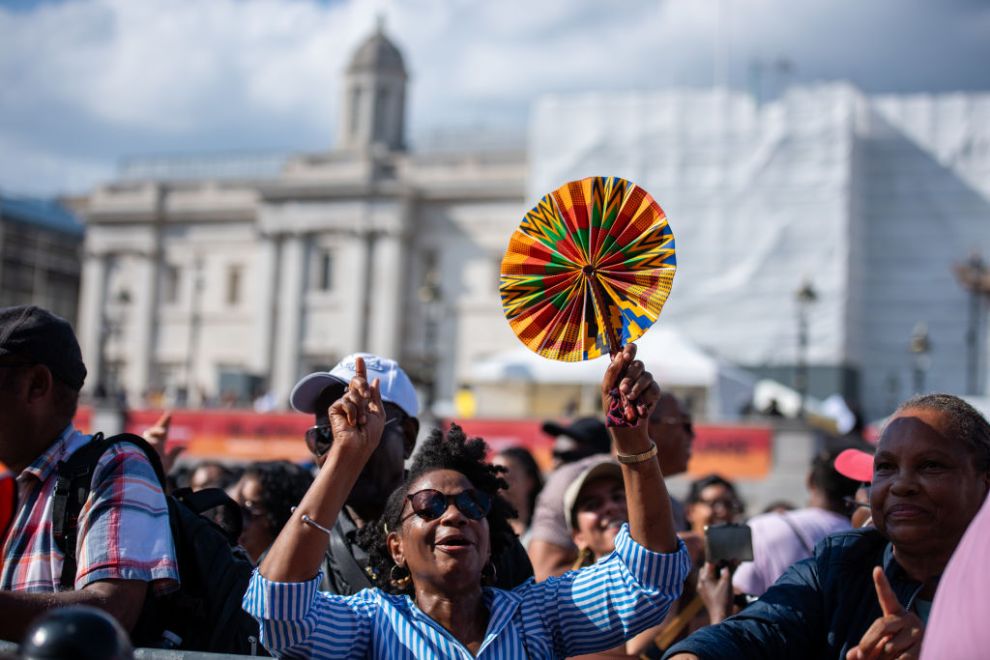 LONDON, UNITED KINGDOM - 2023/09/02: Crowds of spectators enjoy the Black on the Square festival in Trafalgar Square, London. The Mayor of London announced the first ever Black on the Square in Trafalgar Square a major new annual festival showcasing Black culture and creativity to celebrate the diversity of Black British cultures, in the heart of Trafalgar Square, through music, theatre, art, dance and conversation by supporting local businesses. It included performances from black gospel singers, DJs, live bands, and poets. (Photo by Loredana Sangiuliano/SOPA Images/LightRocket via Getty Images)