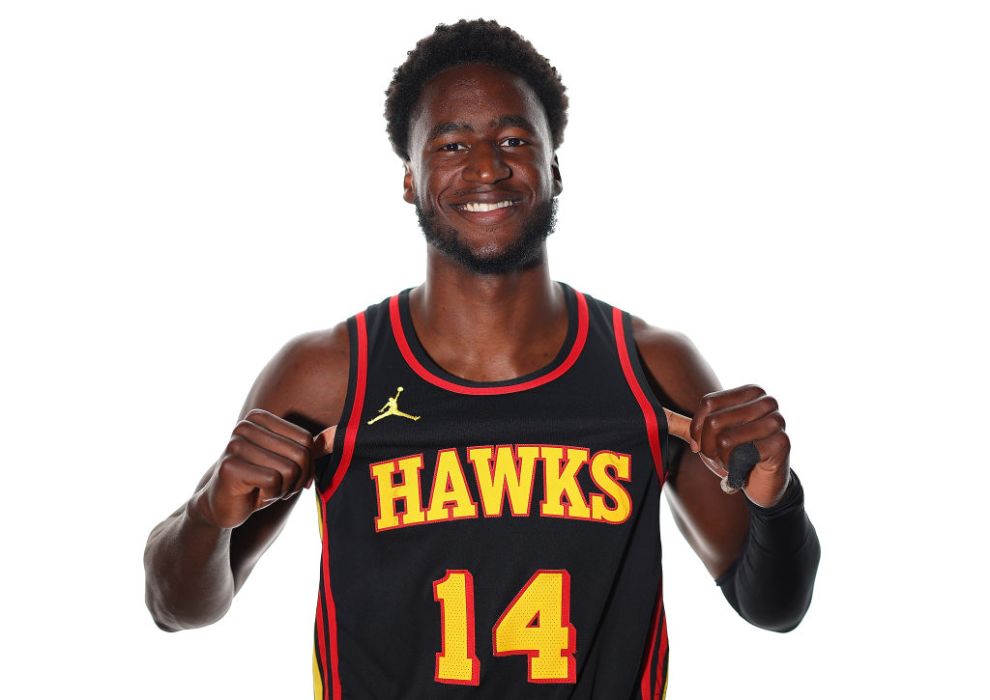 ATLANTA, GEORGIA - OCTOBER 02: AJ Griffin #14 of the Atlanta Hawks poses for portraits during media day at PC&E Atlanta on October 02, 2023 in Atlanta, Georgia. NOTE TO USER: User expressly acknowledges and agrees that, by downloading and/or using this photograph, user is consenting to the terms and conditions of the Getty Images License Agreement.