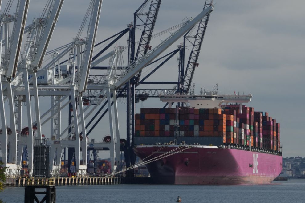 A container ship at a facility in Bayonne as East Coast Ports may shut down due to a potential dockworker strike in New Jersey on September 30, 2024. Tens of thousands of US dockworkers plan to strike this week if there is no breakthrough on contract talks, just a month before November's closely contested presidential election. (Photo by Bryan R. SMITH / AFP)