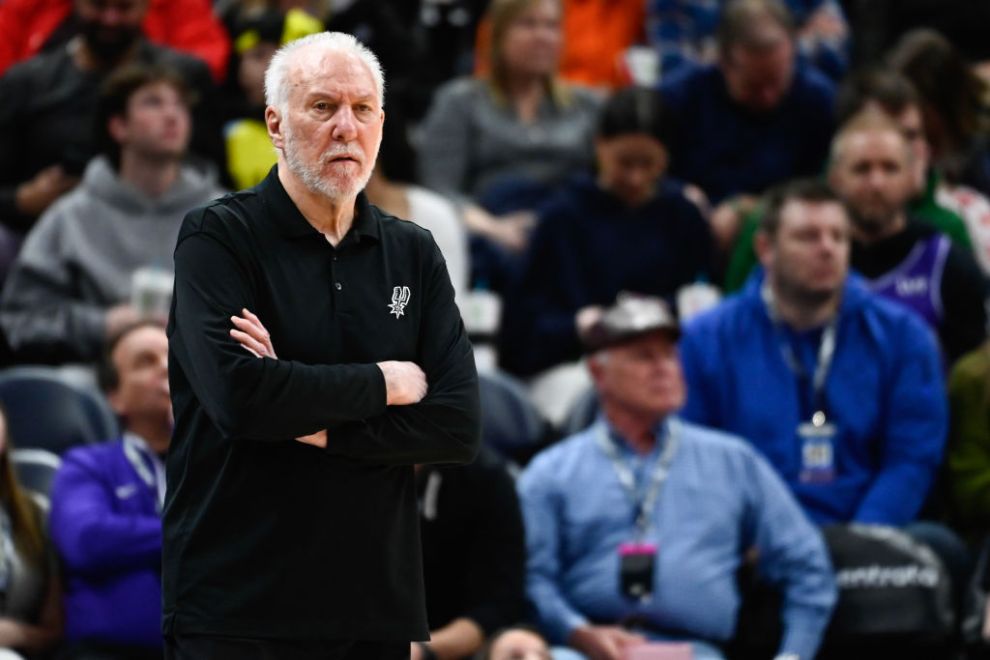 SALT LAKE CITY, UTAH - FEBRUARY 25: Head coach Gregg Popovich of the San Antonio Spurs looks on during the second half against the Utah Jazz at Delta Center on February 25, 2024 in Salt Lake City, Utah. NOTE TO USER: User expressly acknowledges and agrees that, by downloading and or using this photograph, User is consenting to the terms and conditions of the Getty Images License Agreement.