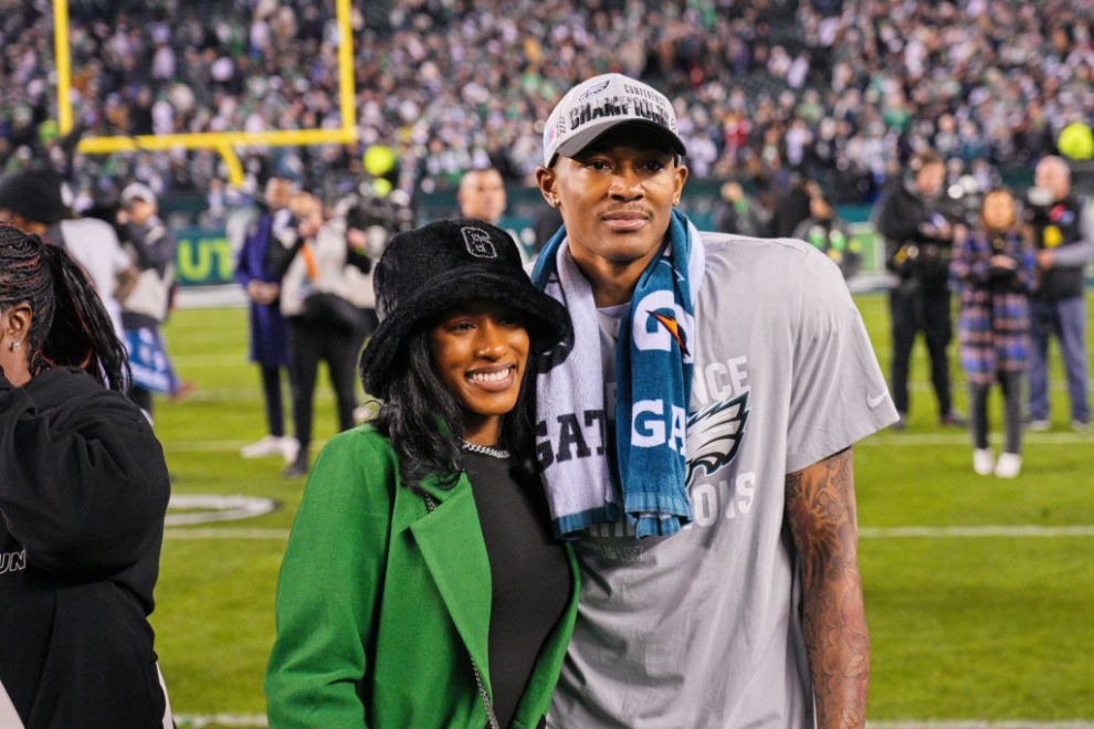 PHILADELPHIA, PA - JANUARY 29: Philadelphia Eagles wide receiver DeVonta Smith (6) poses with a girl friend during the Championship game between the San Fransisco 49ers and the Philadelphia Eagles on January 29, 2023.