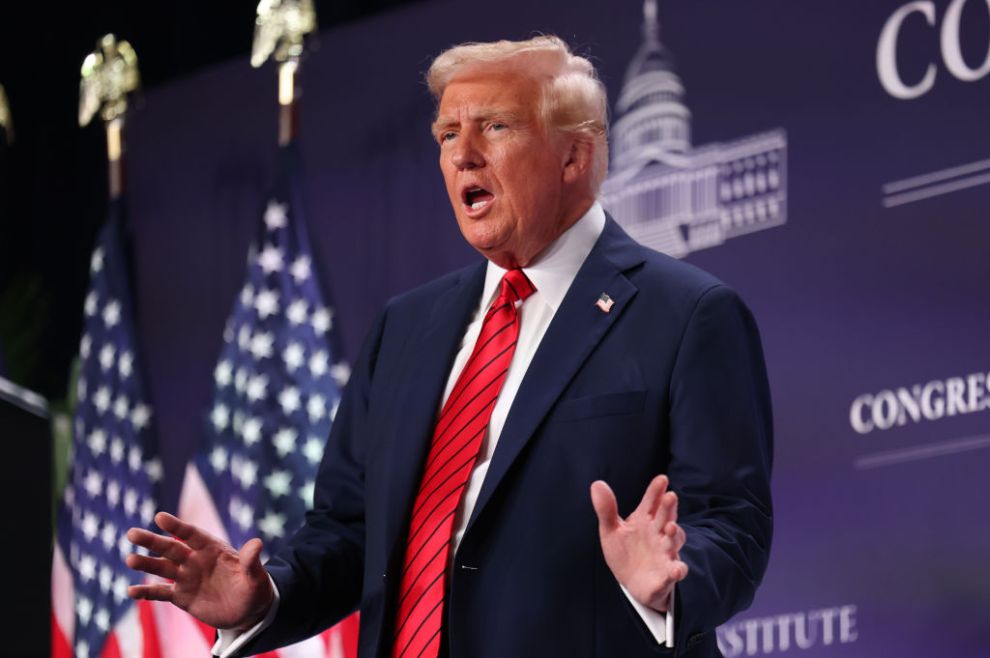 DORAL, FLORIDA - JANUARY 27: U.S. President Donald Trump addresses the 2025 Republican Issues Conference at the Trump National Doral Miami on January 27, 2025 in Doral, Florida. The three-day planning session was expected to lay out Trump's ambitious legislative agenda.