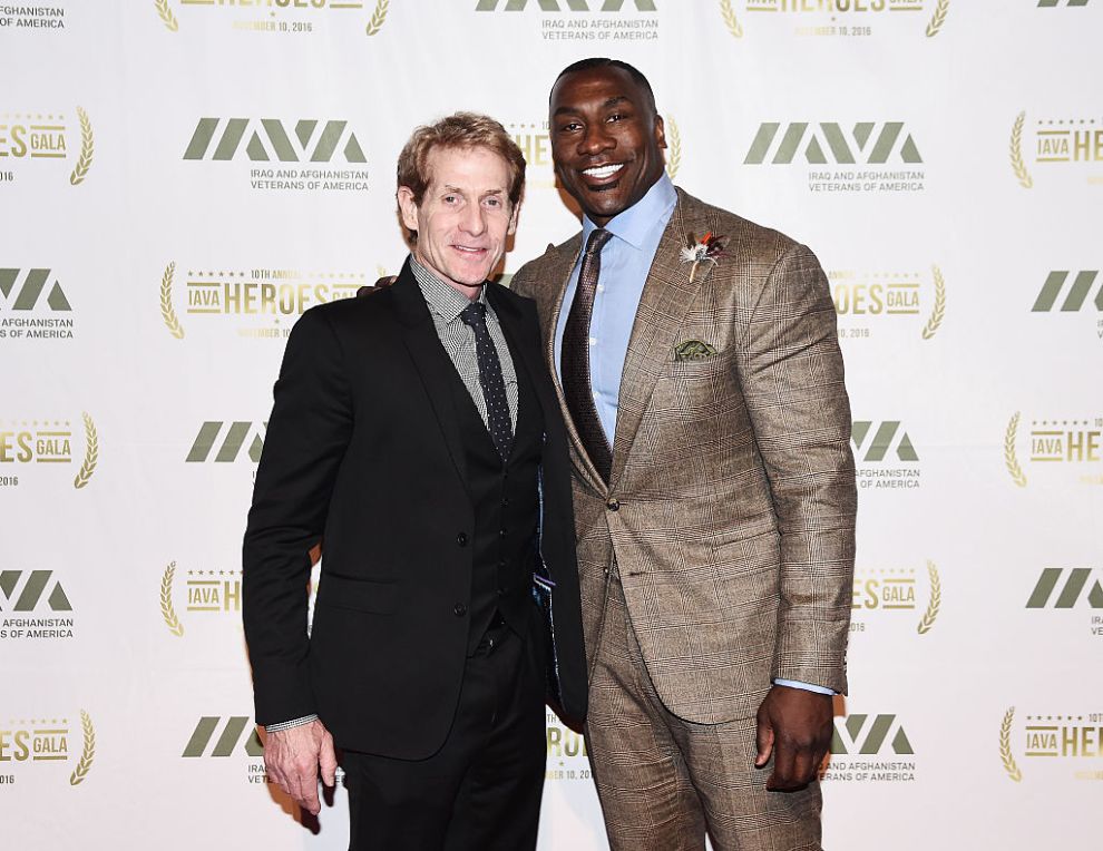 NEW YORK, NY - NOVEMBER 10: TV sports commentators Skip Bayless (L) and Shannon Sharpe attends the 2016 IAVA Heroes Gala at Cipriani 42nd Street on November 10, 2016 in New York City.