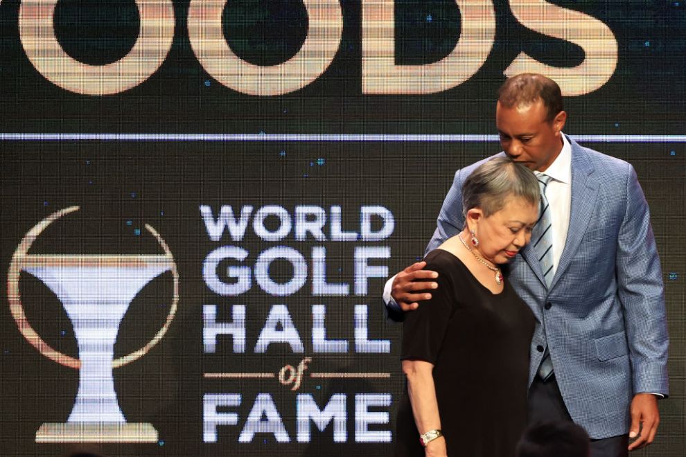 PONTE VEDRA BEACH, FLORIDA - MARCH 09: Tiger Woods and his mother Kultida Woods react as they pose for photos prior to his induction at the 2022 World Golf Hall of Fame Induction at the PGA TOUR Global Home on March 09, 2022 in Ponte Vedra Beach, Florida.